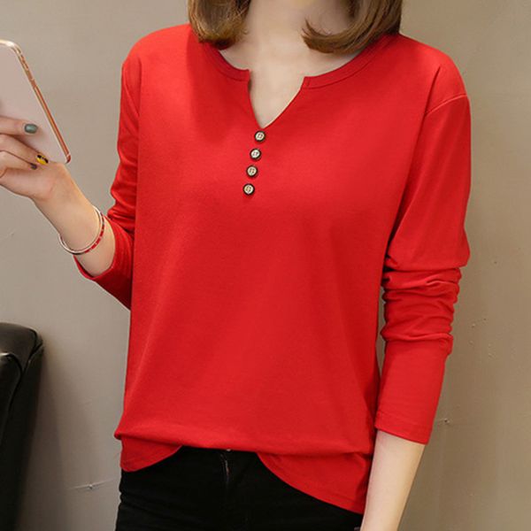 

v-neck ladies t-shirt spring and summer solid color loose large size wild student shirt trend long-sleeved basic t-shirt, White