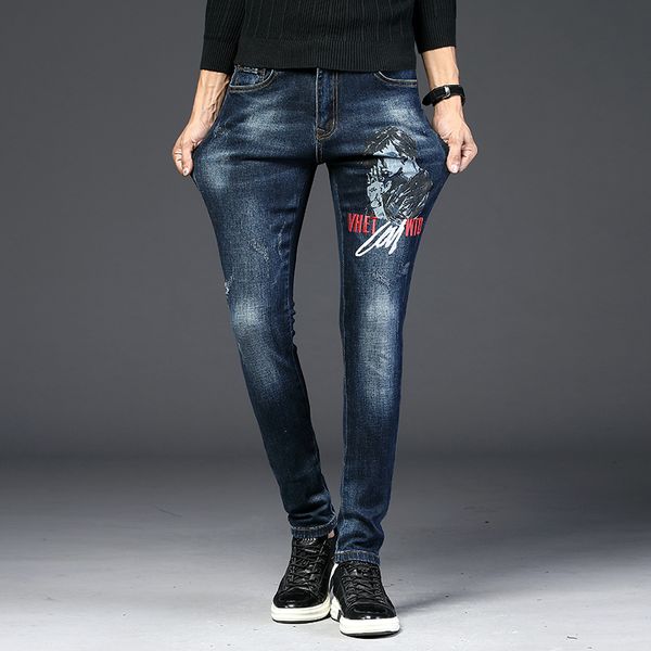 

yx love men's portrait embroidered individual jeans, Blue