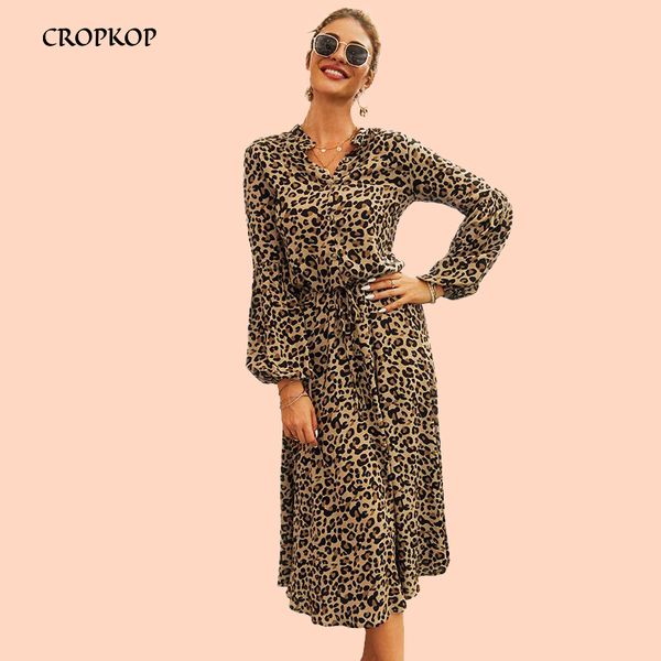 

leopard midi dress women high waist long sleeve robe femme vintage work office ladies autumn shirt vestidos cortos fashion 2019, Black;gray
