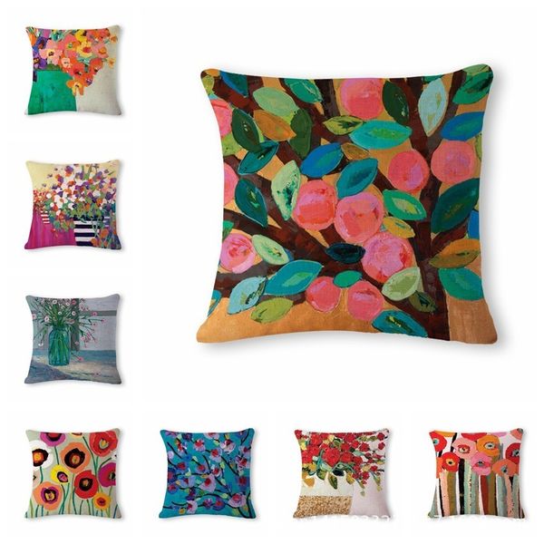 

beautiful oil painting flower pattern cotton flax pillow back cushion