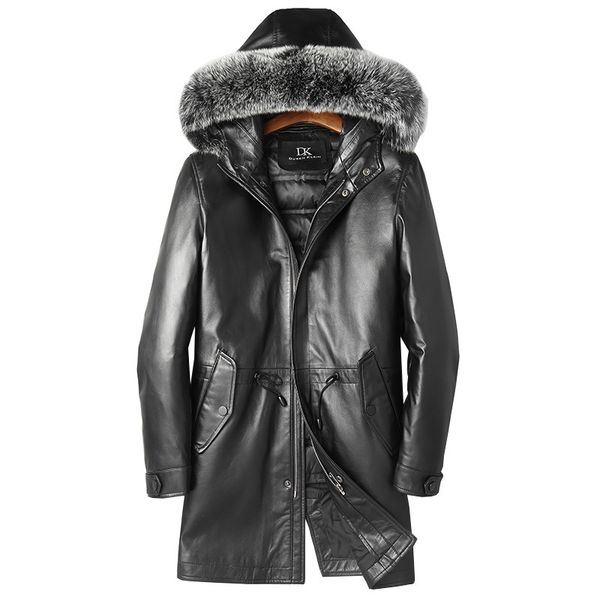 

зимний кожаный пуховик мужские дубленки меховой воротник лиса длинные куртки утолщение теплое пальто водонепроницаемая ветровка утка пуховик, Black