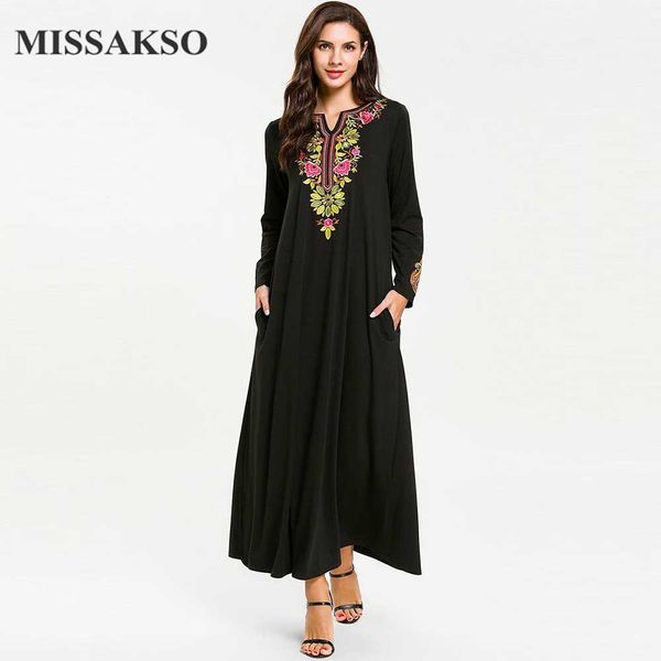 

missakso a line dresses maxi pure long sleeve with embroidery spring autumn loose plus size o neck casual women brief muslim, Black;gray