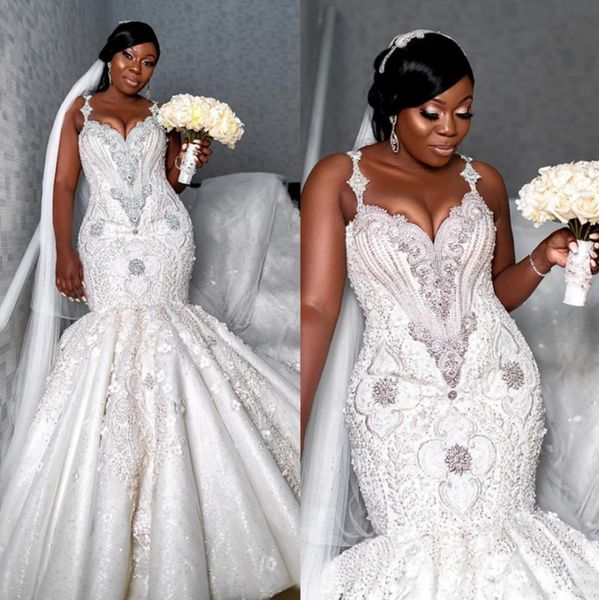 

gorgeous beaded mermaid plus size wedding dresses appliqued spaghetti straps bridal gowns sequined african trumpet robe de mariÃ©e, White