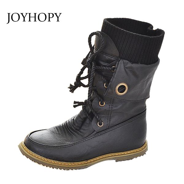 

2018 women fashion vintage mid calf boots pu leather shoes ladies autumn winter motorcycle boots women lace up flat shoes awb051, Black