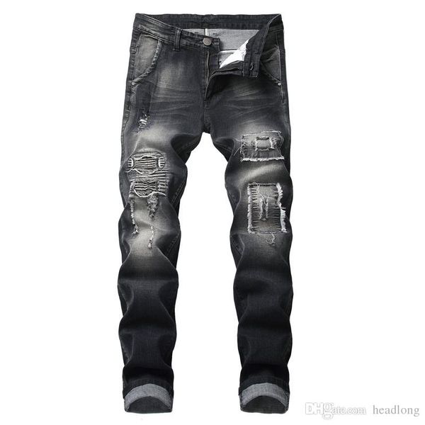 

fashion male jeans mens distressed hole patchwork denim pants casual straight slim elasticity locomotive pants 28-42
