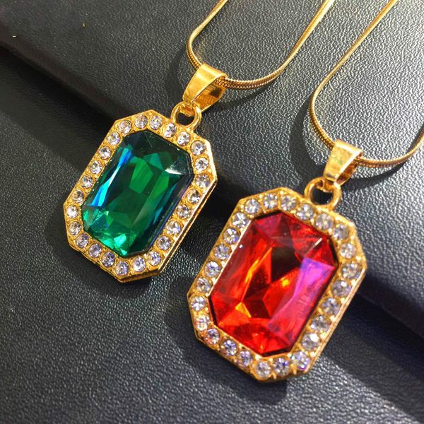 

hip hop for men women jewelry gifts gold charm black red gem pendant necklace bling iced out stone link chain, Silver