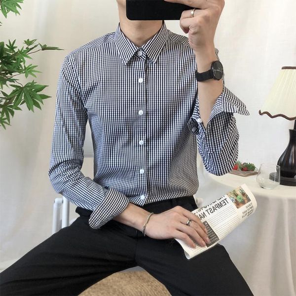 

2020 men shirts fashion plaid business shirt long sleeve casual slim fit shirts men dress streetwear social blouse chemise homme, White;black