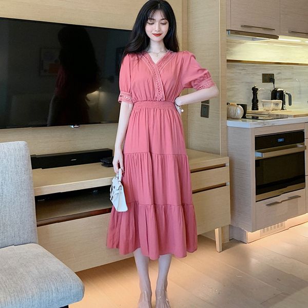 

women clothes long dress chiffon summer new 2020 long solid white v-neck high waist lace-short-sleeve fashion dress 111j, White;black