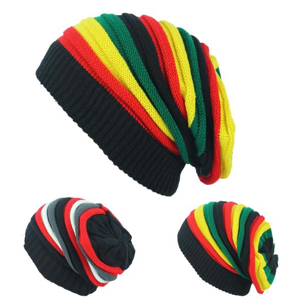 2019 Foreign Autumn Winter Trade Explosion Models Color Striped Pile Hats Warm Sleeve Knitted Sweater Rainbow Cap Black Baseball Cap Knitted Hats From