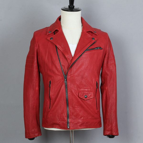 

men's leather & faux genuine fashinon jacket men slim fit red sheepskin motorcycle coat male lapels diagonal zipper short clothing, Black