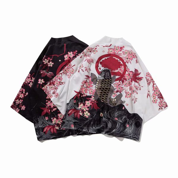 

summer mens kimono shirt japanese koi kimono cardigan jackets, Black;brown