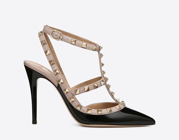 

big size designer 8cm 10cm gladiator high heels women shoes nude black spikes t-strap pump patent leather stud lady shoes summer