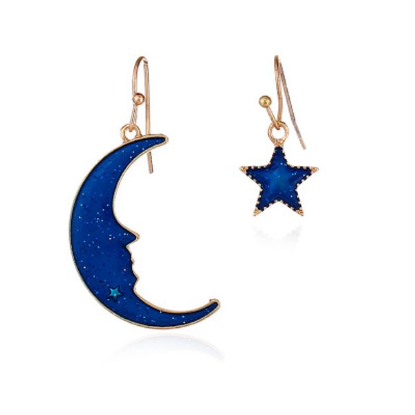 

new fashion simple jewelry blue stars moon asymmetrical earrings girls small clothing wholesale social banquet decoration, Silver