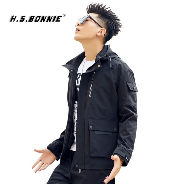 

2019 autumn men casual jacket zipper with hat outerwear hip hop windbreaker coat smooth solid color male streetwear outdoor wear, Black;brown
