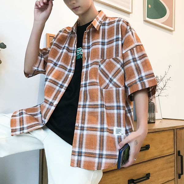 

2019 summer man cotton thin shirt short half sleeve student youth lattice streetwear leisure camisas japan style black yellow, White;black