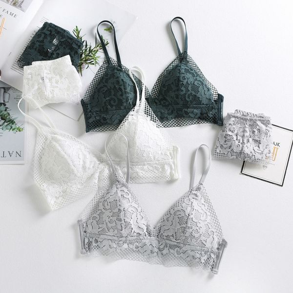 

white green grey bra briefs set cotton women underwear sets cup triangle lace hollow out wire transparent bralette panties, Red;black