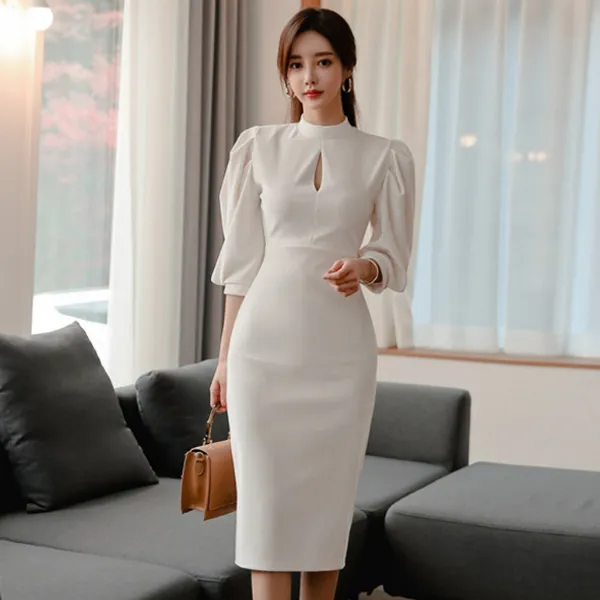 2020 летнее белое платье женские колена длиной ткань стенда шеи фонарика рукава высокая талия bodycon официальное рабочее платье db277