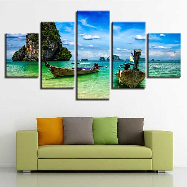 

home decor wall art hd printed 5 pieces island ship and blue sky white cloud seascape canvas pictures modular framework painting