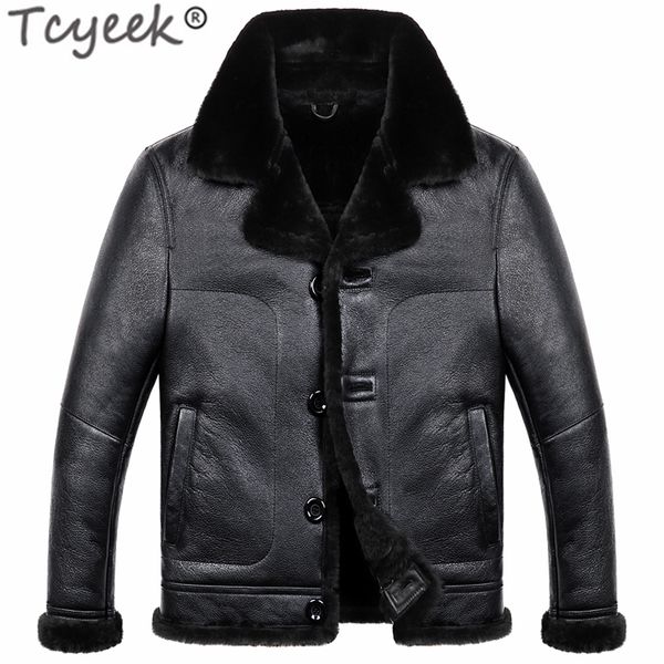 

tcyeek genuine leather jacket men winter sheep shearling coat 2019 thick warm wool liner real sheepskin leather coats hiver m811, Black