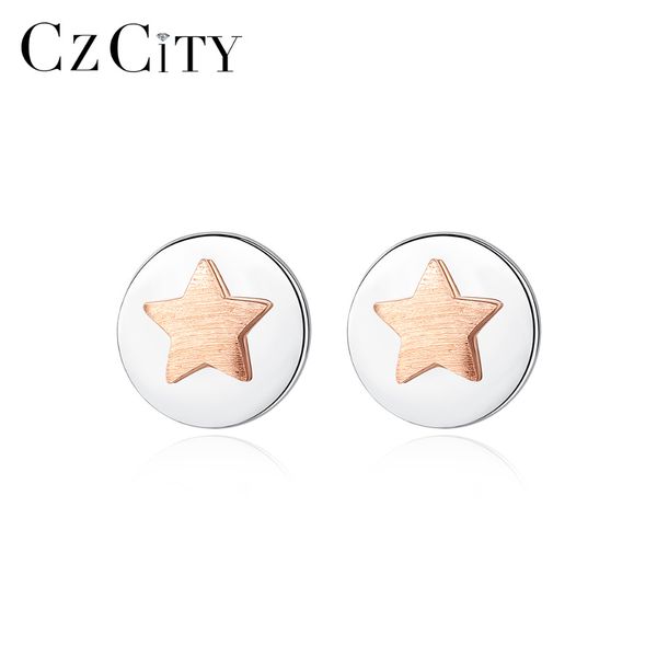 

czcity brush solid 925 sterling silver star stud earrings for women fine jewelry round silver boucle d'oreille femme gift se0386, Golden;silver