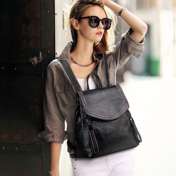 

longlight women genuine leather backpack full grain leather luxury daypack women bags designer fashionable bag lady women bag, Black;red