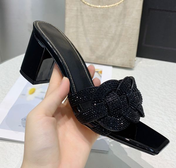 

brand 2019 fashion leather sandal women rhinestone designer shoes woman slippers slides heels sandalias female lady dress shoes, Black