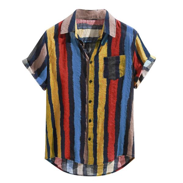 

shirts for men casual loose multi color stripe lump chest pocket short sleeve round hem blouse men shirt hombre camisa masculina, White;black