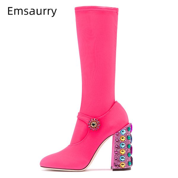 

winter stretch sock booties round toe chunky heel colorful rhinestone diamond decor crystal flower buckle belt boots women, Black
