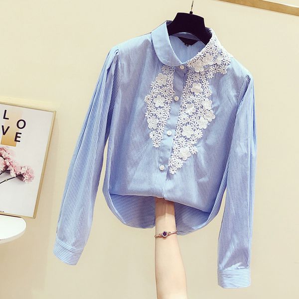 

striped shirts women's spring autumn shirt new lapel long sleeve blue striped blouse fashion blouses blusa feminina, White