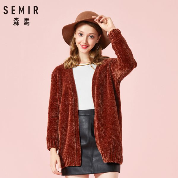

semir women long soft chenille rib-knit cardigan ribbing cuffs and hem long sleeved dropped shoulder cardigan with no button, White
