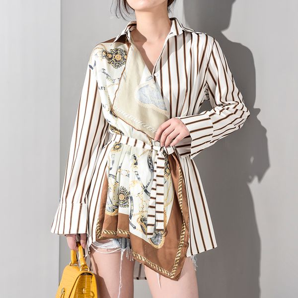 

[eam] 2020 new spring autumn lapel long sleeve striped pattern printed irregular big size shirt women blouse fashion jq4900, White