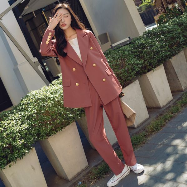 

korean version of the suit suit female spring silhouette double-breasted bean red two-piece jacket blazer feminino, White;black