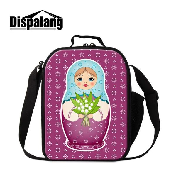 

dispalang cute russian dolls prints insulated lunch bag cartoon lunch box small messenger cooler bag for girls school meal bags, Blue;pink