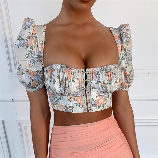 

women blouses ladies designer fashion vintage floral print puff sleeve hooks blouses shirts short 2019 shirts summer top, White