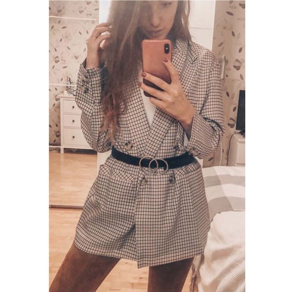

vintage plaid blazer jacket women fashion long sleeve button cardigan coat autumn spring office ladies thin blazers suit outwear, White;black