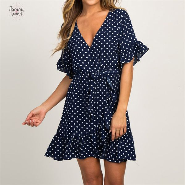 

2019 female summer dress deep v neck polka dot short sleeve beach above knee verano mini ruffles party dress, Black;gray