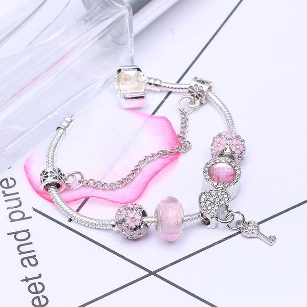 

wholesale- european charm pink bead pandora bracelet for women's heart key pendant snake bone bracelet jewelry, Black