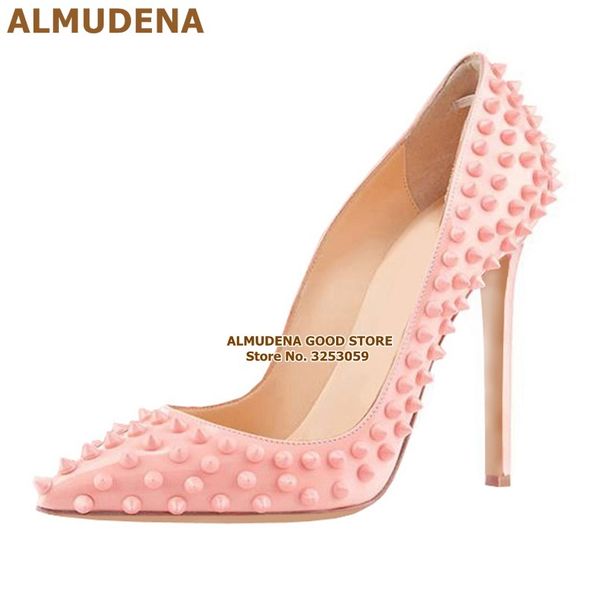 

almudena 8  12cm stiletto heels rivets pointed toe red pink black studded wedding shoes full spikes dress pumps size45 y200326