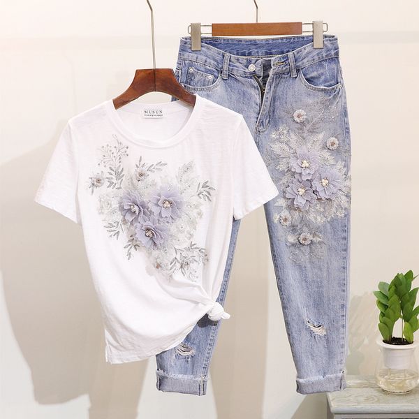 Amolapha Damen-Baumwoll-T-Shirt mit Pailletten und Perlen, 3D-Blume, wadenlange Jeans, Kleidungssets, Sommer-Jeansanzüge mit mittlerer Wade