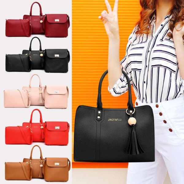 

3pcs/set solid color shoulder handbags pu leather totes women crossbody bag