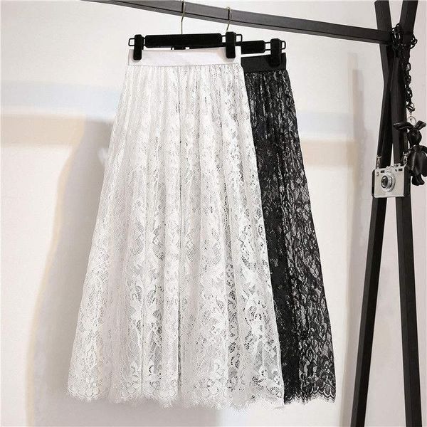 

women pleated skirt summer thin mesh lace tulle skirt jupe jemme white black high waist skirt hollow maxi long skirts c4537
