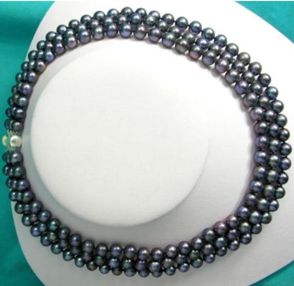 

2pcs/lot 3 -4row black 6-7mm freshwater cultured pearl necklace wholesale, Silver