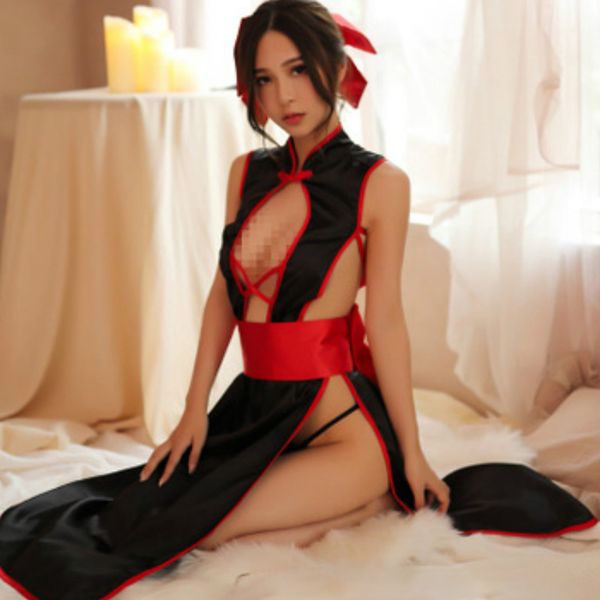 

women new cheongsam sleepwear high slit backless uniform dress nightclub anime lingerie for girls 2020 summer wholesale, Black;red