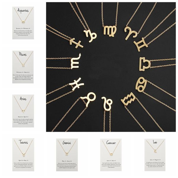 

12 constellation simple pendant necklace with paper card leo clavicle chain collar fashion jewelry silver&gold color gift 2019, Golden;silver