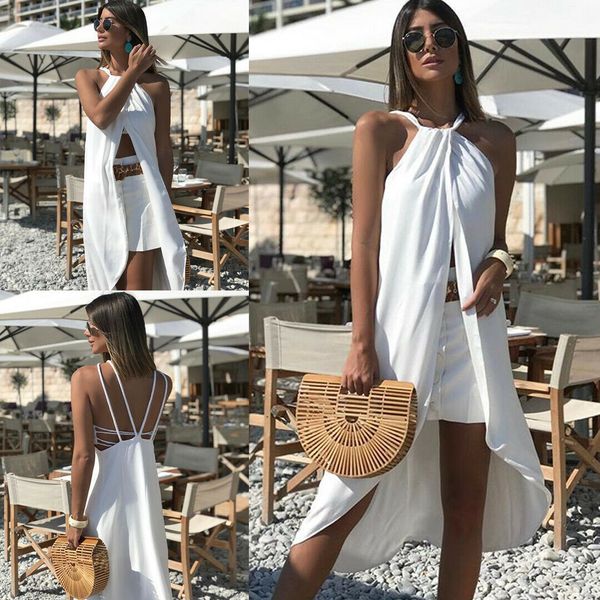 

2019 new style women's solid high slit irregular sleeveless summer loose blouse casual party club, White