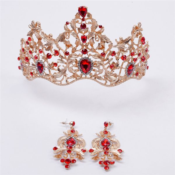 

Vintage Girls Headpieces Red Dark Green Crystal Gold Crown Elegant Bridal Hair Accessories with Earrings Princess Crown Earrings Jewelry Set