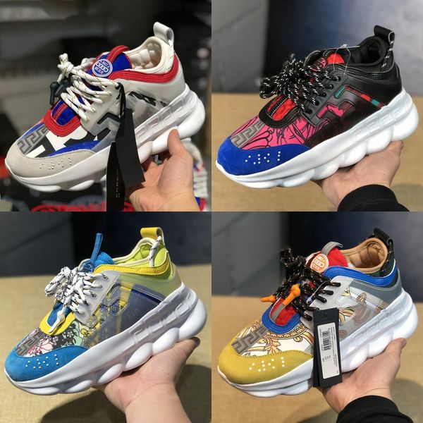 

selling men women chain reaction luxury designer multi color rubber suede platform leather flat casual shoes fashion sneakers, Black