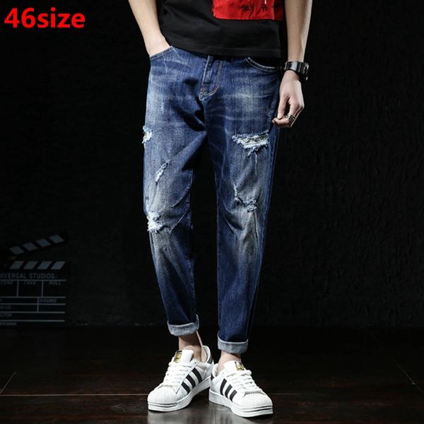 

summer men's ankle-length jeans men's pants loose hole harem pants plus size xl jeans thin, Blue