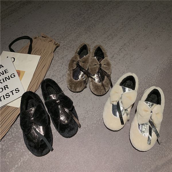 

winter shoes women female footwear all-match bow-knot casual sneaker round toe loafers fur mixed colors women's moccasins dress, Black