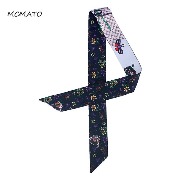 

2019 new small scarf honeybee bowknot floral print women silk scarf fashion head brand handle bag ribbons long scarves, Blue;gray